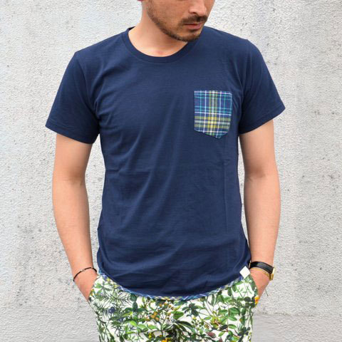 SALE 30%OFF White Mountaineering(zCg}EejAO) JERSEY x CHECK PRINT HEM PIPED POCKET T-SHIRT -NAVY-(1)