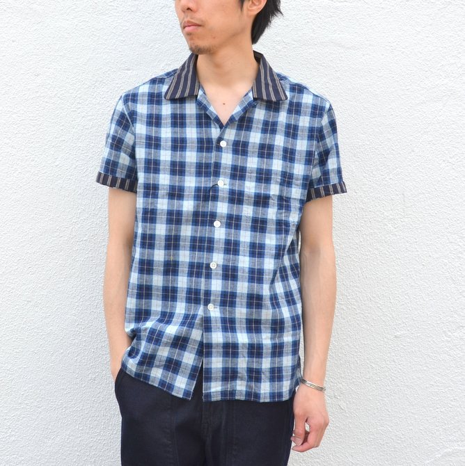 KENNETH FIELD (ケネスフィールド) SHORT SLEEVE OPEN COLLAR SHIRT PLAIDS WITH CLERIC -INDIGO- #17SS-30(1)