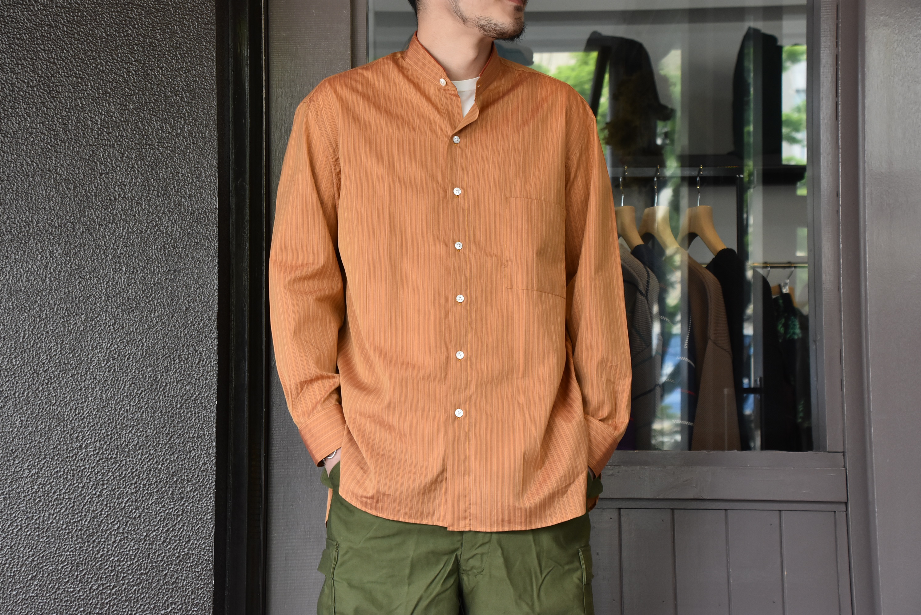 【2020 SS】 Cristaseya(クリスタセヤ)/ HANDMADE POPELINE MAO SHIRT With FRINGED COLLAR-Bronze stripe- #02SP-BRS(1)