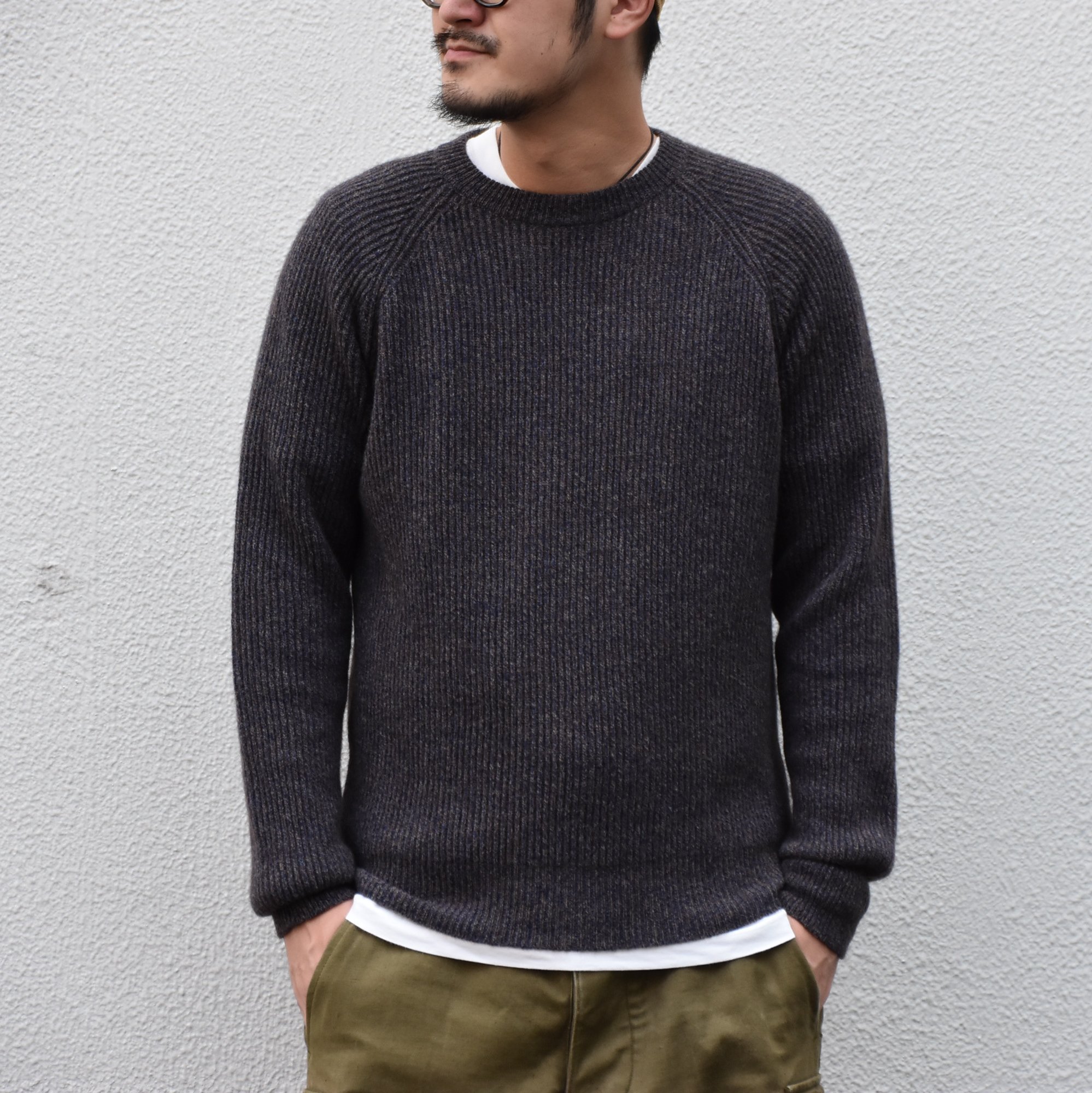 【2020】 Cristaseya(クリスタセヤ)/ YAK&WOOL RIBBED RAGLAN SWEATER -BROWN BLUE- #17KA-BB(1)
