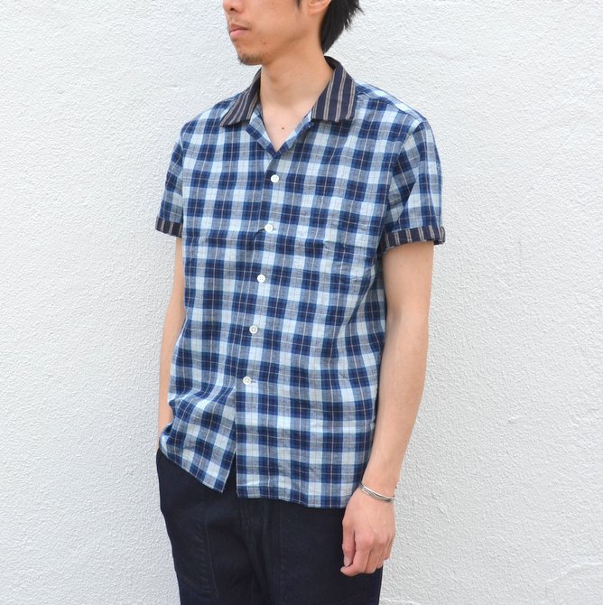 KENNETH FIELD (ケネスフィールド) SHORT SLEEVE OPEN COLLAR SHIRT PLAIDS WITH CLERIC -INDIGO- #17SS-30(2)