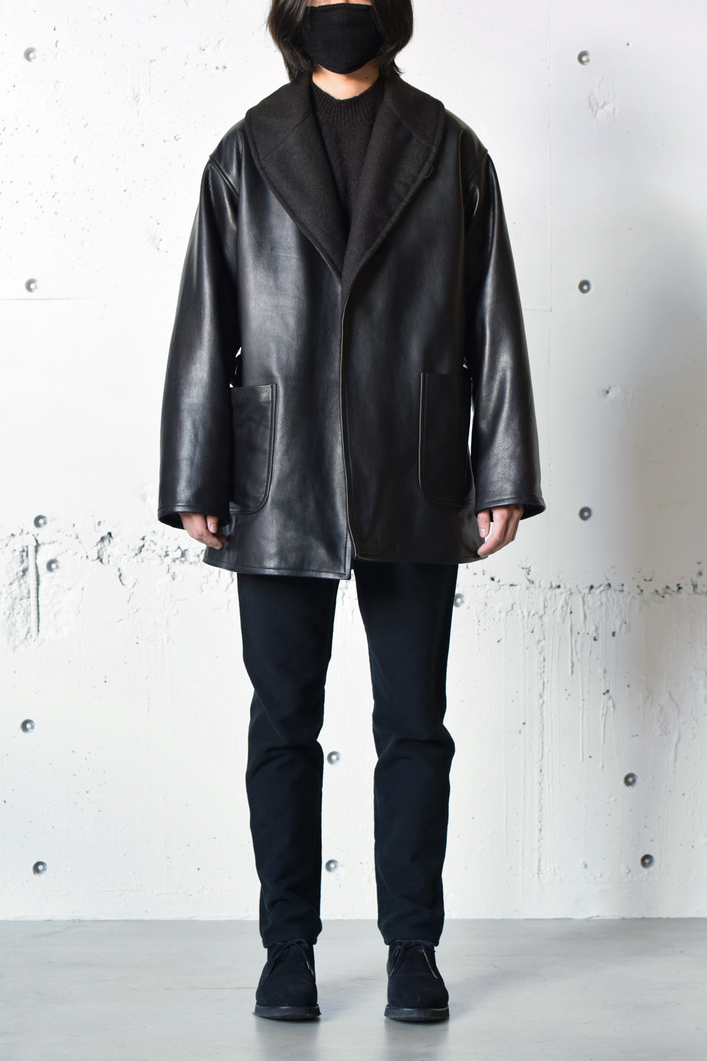 COMOLI (コモリ)/ レザーショールカラーコート -BLACK- #U03-04014 (2)
