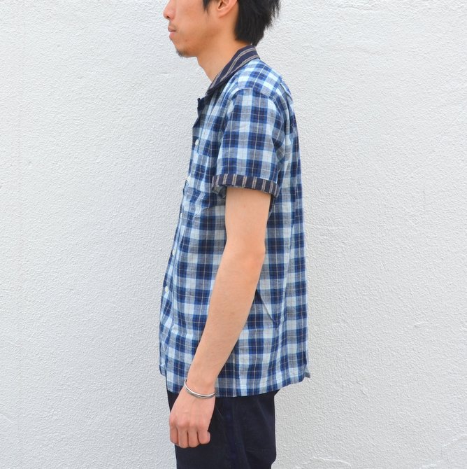 KENNETH FIELD (ケネスフィールド) SHORT SLEEVE OPEN COLLAR SHIRT PLAIDS WITH CLERIC -INDIGO- #17SS-30(3)
