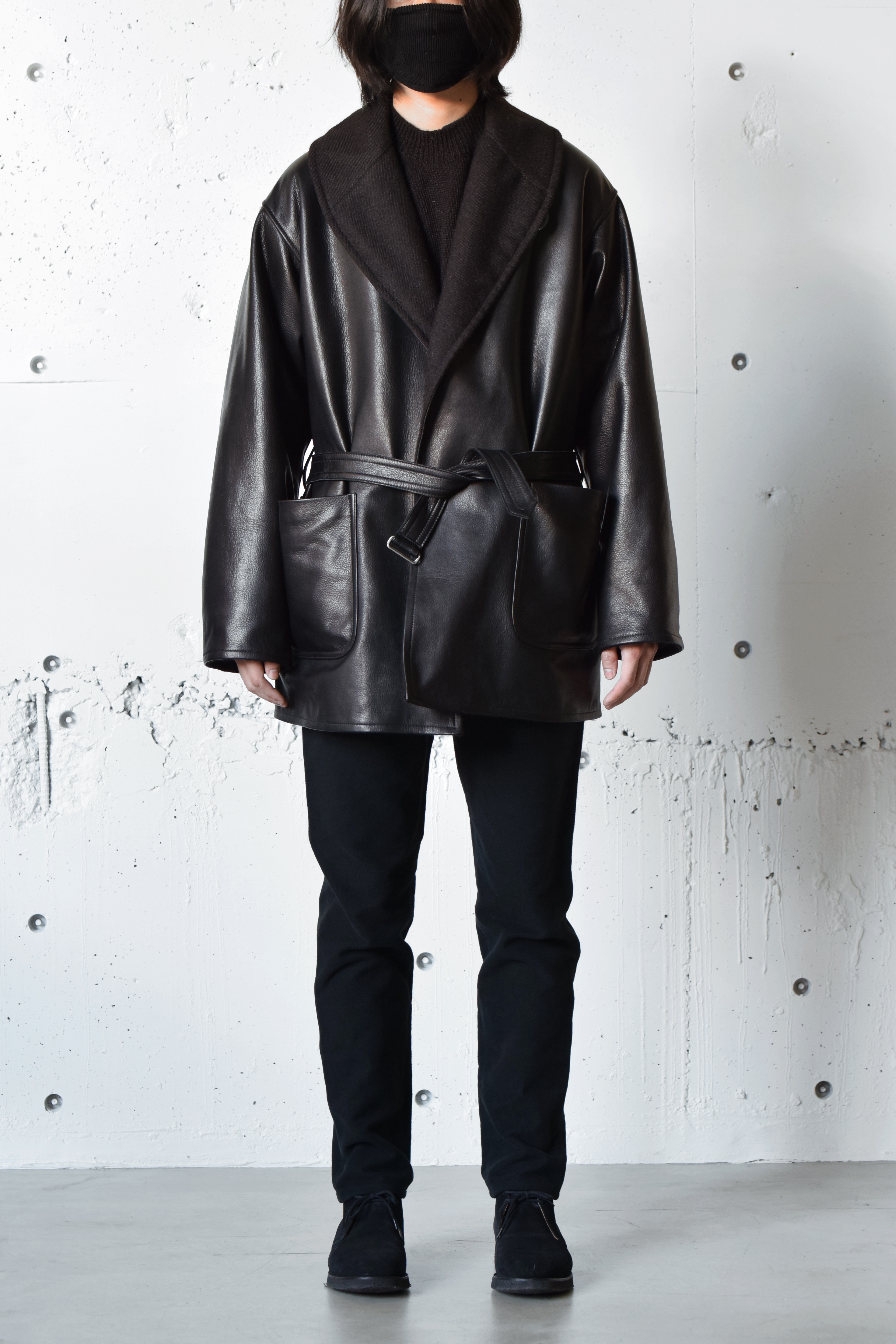 COMOLI (コモリ)/ レザーショールカラーコート -BLACK- #U03-04014 (3)