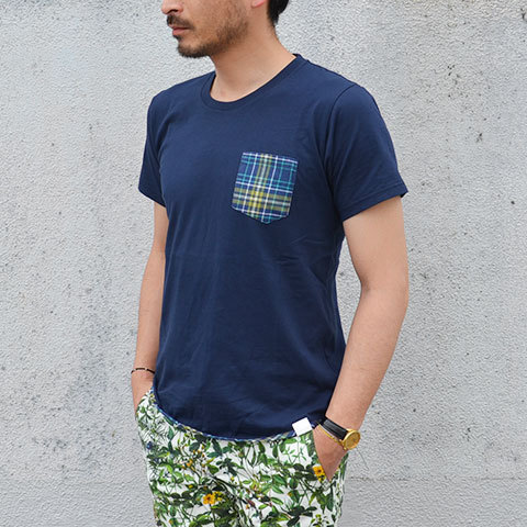 SALE 30%OFF White Mountaineering(zCg}EejAO) JERSEY x CHECK PRINT HEM PIPED POCKET T-SHIRT -NAVY-(4)