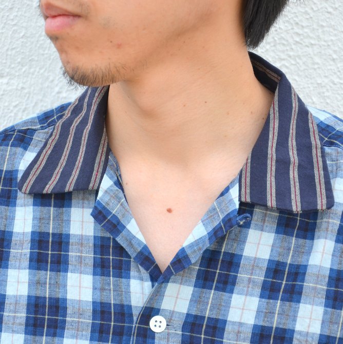KENNETH FIELD (ケネスフィールド) SHORT SLEEVE OPEN COLLAR SHIRT PLAIDS WITH CLERIC -INDIGO- #17SS-30(5)