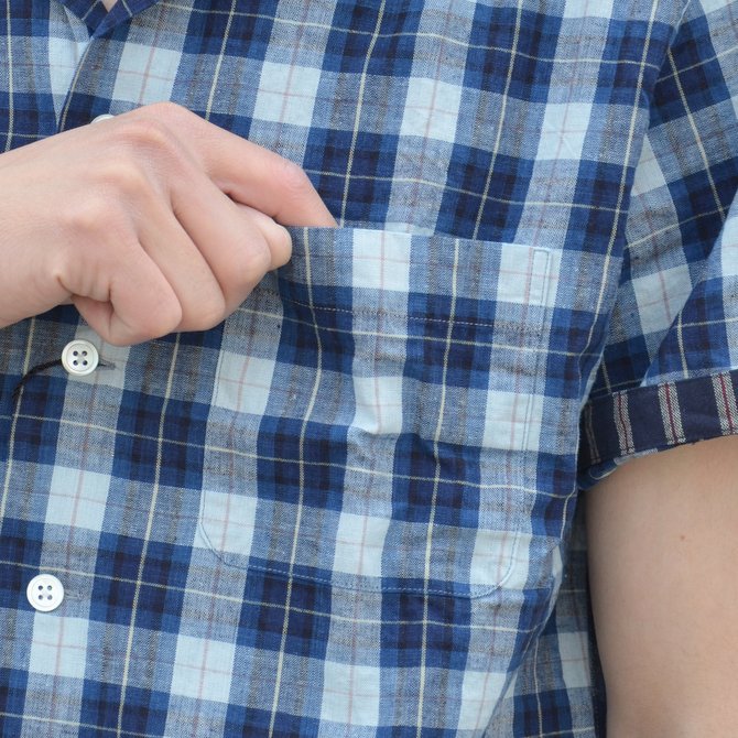 KENNETH FIELD (ケネスフィールド) SHORT SLEEVE OPEN COLLAR SHIRT PLAIDS WITH CLERIC -INDIGO- #17SS-30(7)