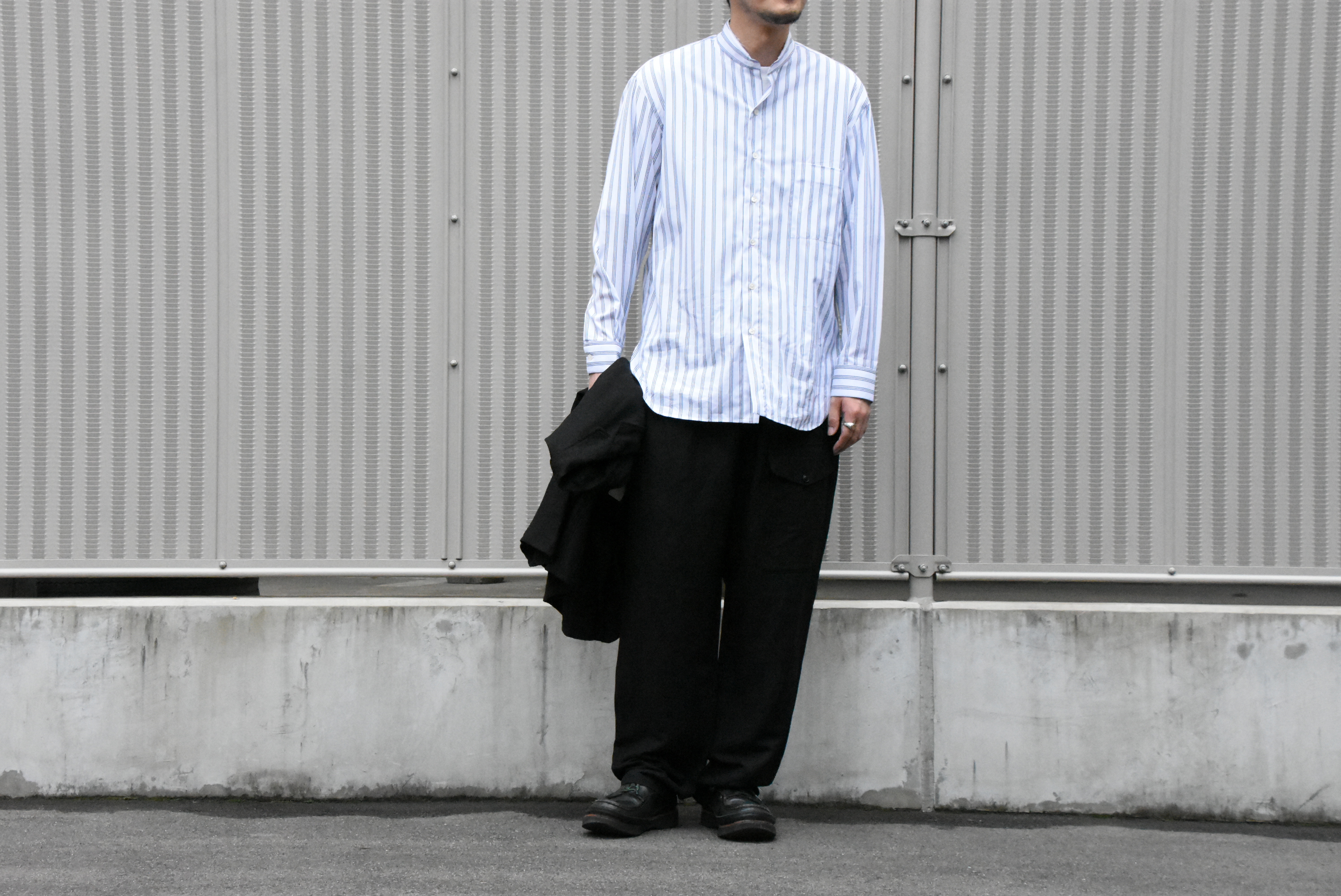 【2020 SS】 Cristaseya(クリスタセヤ)/ HANDMADE POPELINE MAO SHIRT With FRINGED COLLAR -WHITE with STRIPE- #02SP-WBS-SH(7)