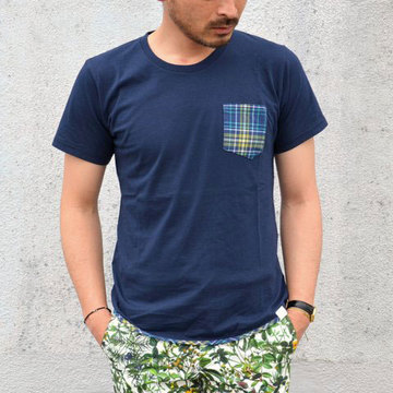 SALE 30%OFF White Mountaineering(ホワイトマウンテニアリング) JERSEY x CHECK PRINT HEM PIPED POCKET T-SHIRT -NAVY-