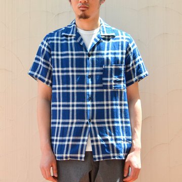【40% off sale】WHITE LINE(ホワイトライン) WL Indigo Check Open Collar S/S Shirt-blue black-