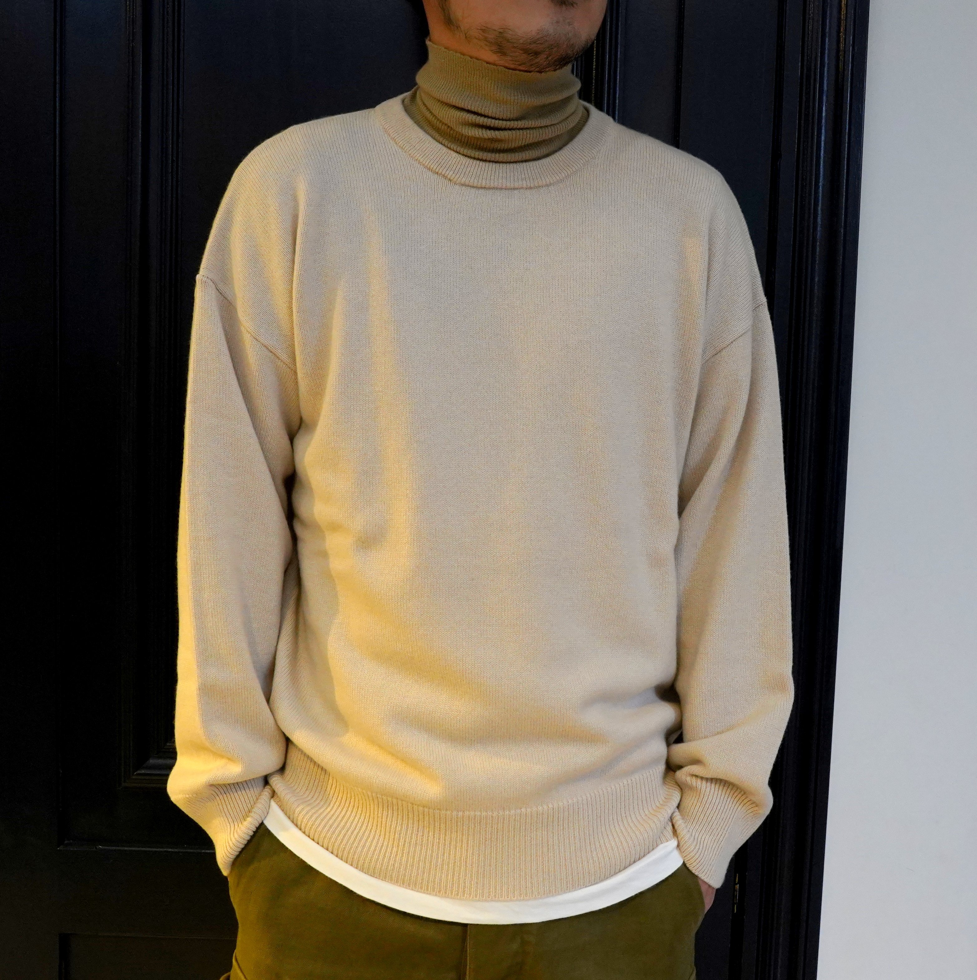 【40% off sale】 Cristaseya(クリスタセヤ)/Contrasted collar Dolcevita knit -White/Taupe- #13NC-C-WH-TA(1)