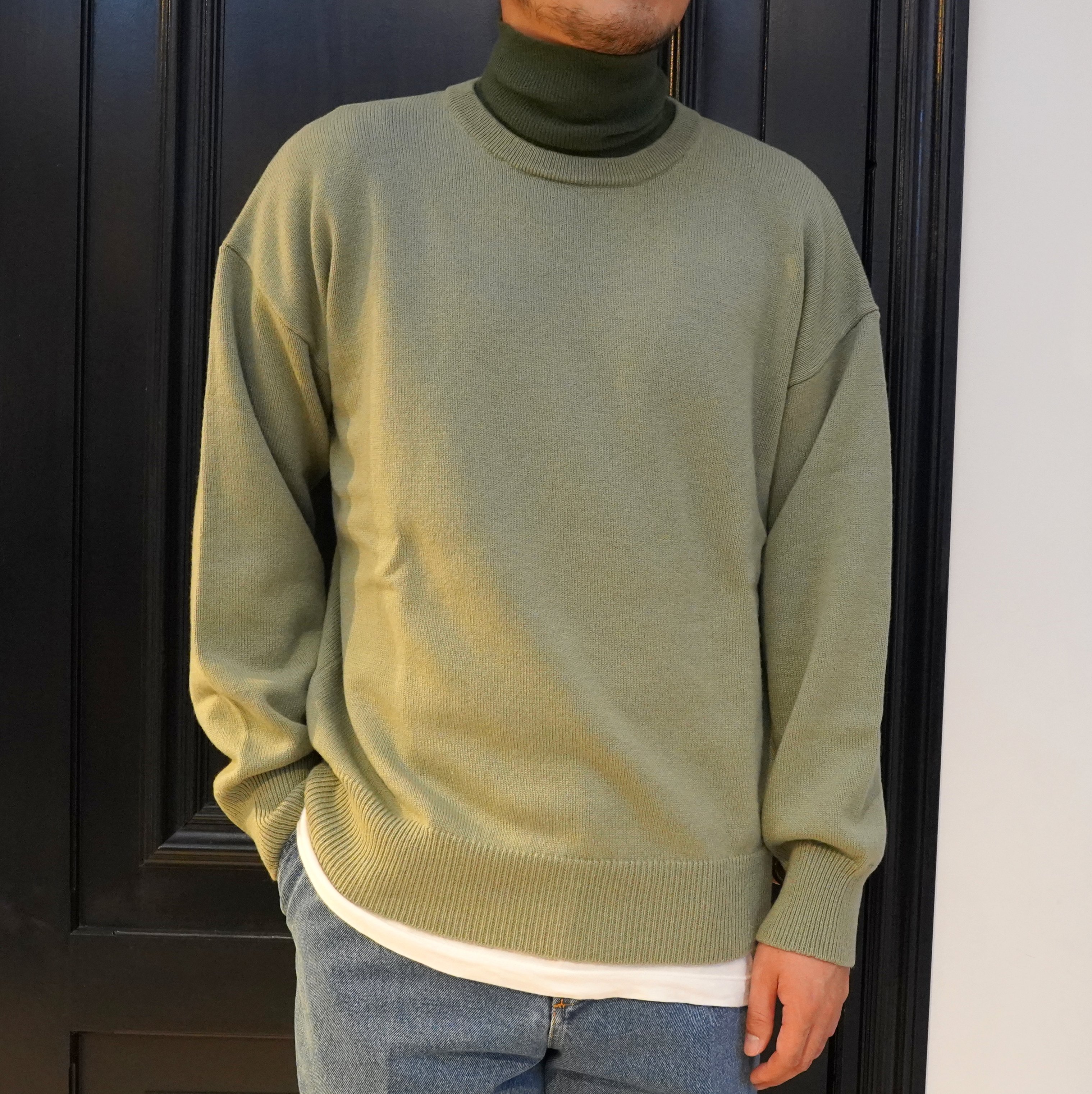 40% off sale】 Cristaseya(クリスタセヤ)/Contrasted collar Dolcevita knit  -Sauge/Green- #13NC-C-SA-GR／acoustics Men's