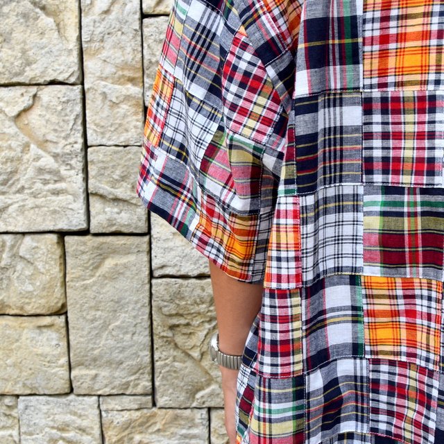 is-ness(イズネス)/ PATCHWORK CHECK SHORT SLEEVES SHIRT -RED CHECK