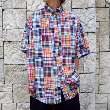 is-ness(イズネス)/ PATCHWORK CHECK SHORT SLEEVES SHIRT -RED CHECK-