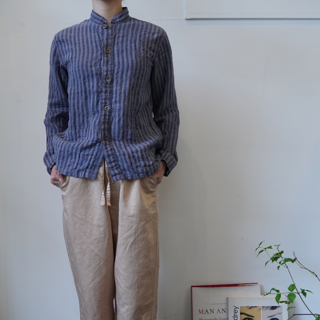 HTS(GC`eB[GX) LINEN WIDE STRIPE STAND COLLAR OVERALL#LNHT2302LWS(1)