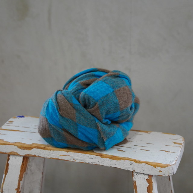 DANIELA GREGIS(�_�j�G�� �O���W�X) scialle shawl lavato(TURQUOISE BROWN 5CM CHECK)#SCI1WK4314(2)
