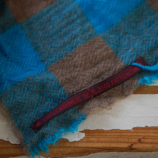 DANIELA GREGIS(�_�j�G�� �O���W�X) scialle shawl lavato(TURQUOISE BROWN 5CM CHECK)#SCI1WK4314(4)