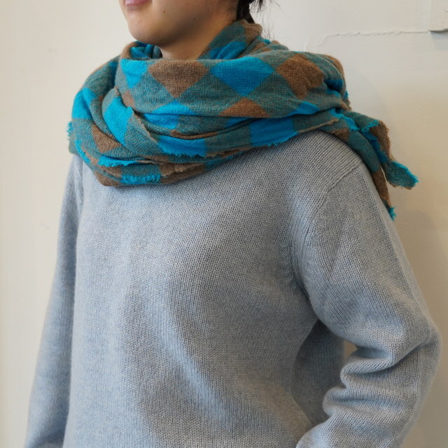 DANIELA GREGIS(�_�j�G�� �O���W�X) scialle shawl lavato(TURQUOISE BROWN 5CM CHECK)#SCI1WK4314(6)