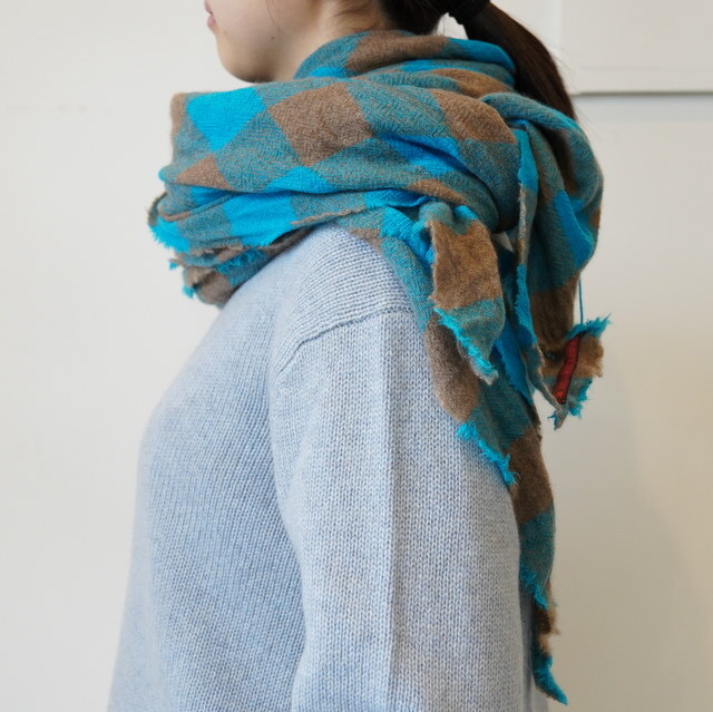 DANIELA GREGIS(�_�j�G�� �O���W�X) scialle shawl lavato(TURQUOISE BROWN 5CM CHECK)#SCI1WK4314(7)