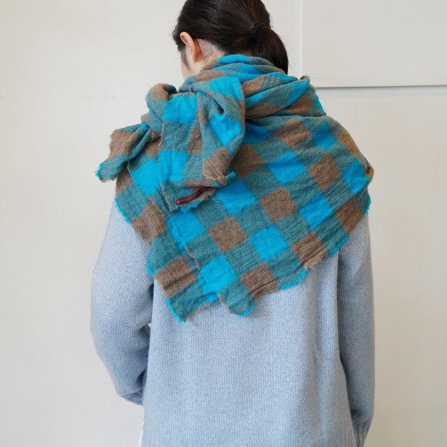 DANIELA GREGIS(�_�j�G�� �O���W�X) scialle shawl lavato(TURQUOISE BROWN 5CM CHECK)#SCI1WK4314(8)