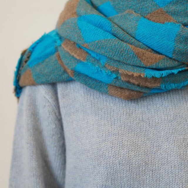 DANIELA GREGIS(�_�j�G�� �O���W�X) scialle shawl lavato(TURQUOISE BROWN 5CM CHECK)#SCI1WK4314(9)