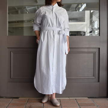 【40%off sale】 CristaSeya(クリスタセヤ)/ HANDMADE PATCH MAXI MAO SHIRT WITH FRINGED COLLAR(patched smoky blue stripes)